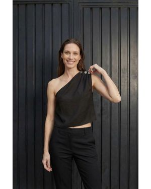 My Fashion Asymmetrisches Kragen Ärmelloses Chiffon-Top - Schwarz