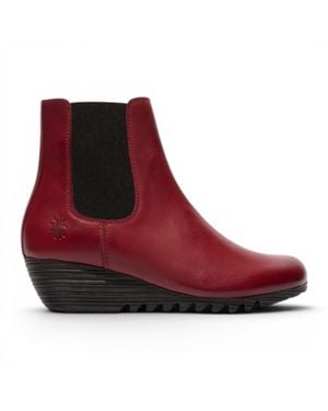 Fly London Damen-Burgundrote Leder-Chelsea-Stiefel Mit Keilabsatz – Orfu496