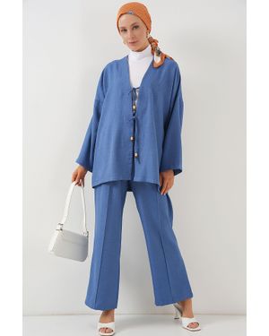 Bigdart V-Ausschnitt Cardigan Und Hosen-Set Mit Weitem Bein - Blau