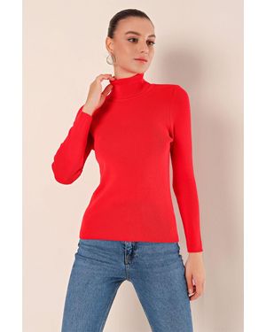 Bigdart Enger Stehkragen-Rippstrickpullover - Rot