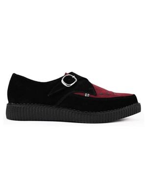 T.U.K. Tuk Pointed Creeper Plateau-Schuhe Aus Schwarzem Und Burgunderfarbenem Wildleder Mit Monk-Schnalle