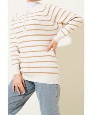 Bigdart Gestreifter Strickpullover Mit Knopfverschluss - Natur