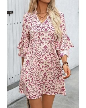 Everyday the Label Rosa Paisleymuster Stufenförmiges Minikleid Mit 3/4-Ärmeln Und Ausschnitt - Rot