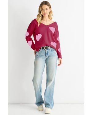 Gini London Roter Pullover Mit V-Ausschnitt Und Übergroßem Herzmuster