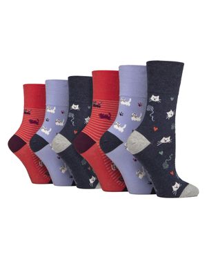 Gentle Grip 6 Paar Damen Non Elastische Baumwollreiche Socken Mit Muster Von Wildtieren, Hunden Und Katzen - Blau