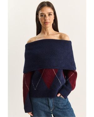 Bianco Lucci Madonna-Kragen Strickpullover Mit Baklava-Muster - Blau