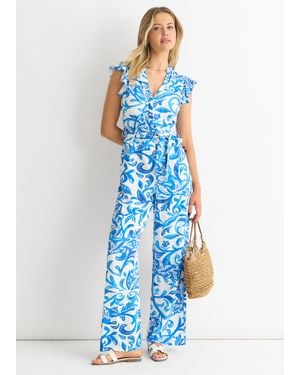 Gini London Blauer Jumpsuit Mit Rüschen An Den Ärmeln