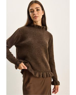 Bianco Lucci Rüschen-Halbkragen-Knopfstrickpullover - Braun