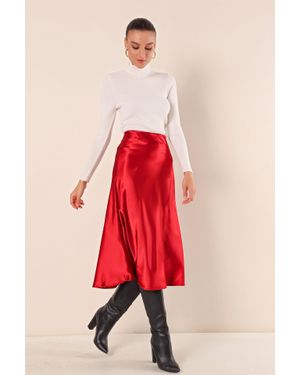 Bigdart Satin A-Linie Elastischer Taillen-Midi-Rock - Rot