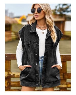 Everyday the Label Damen Jeansjacke Ohne Ärmel Mit Kragen Und Knöpfen - Schwarz