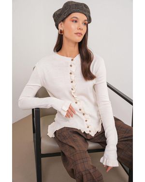 MixRay Rüschiger Gerippter Strickcardigan - Natur