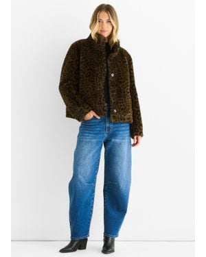 Gini London Braune Kunstpelzjacke Mit Leopardenmuster Und Trichterausschnitt - Blau