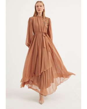 Bonema Langes Chiffonkleid Mit Spitzendetail - Braun