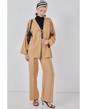 Bigdart V-Ausschnitt Cardigan Und Weite Hosen Set - Natur
