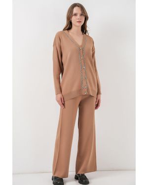 Bigdart V-Ausschnitt Cardigan Und Weit Geschnittene Hose Set - Natur