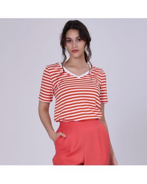 S&J Weekends Gestreiftes Baumwoll-T-Shirt Mit V-Ausschnitt - Rot