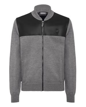 Philipp Plein Merino Wool Leather Bomber Skull&Bones - Grau