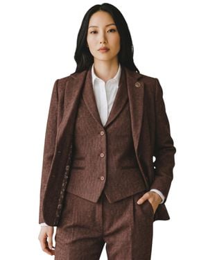 TruClothing Damen-Rostbraune Fischgrät-Woll-Tweed-Blazer-Weste 2-Teiliges Set – Ws-1