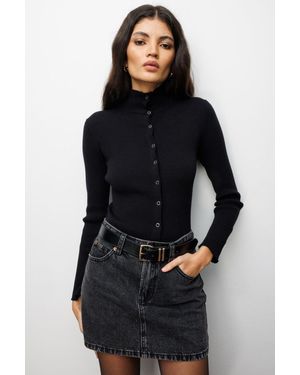 MixRay Slim Fit Halb-Rollkragen-Cardigan Mit Knopfverschluss - Schwarz