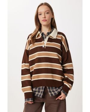 Happiness İstanbul Gestreifter Pullover Mit Polokragen - Braun