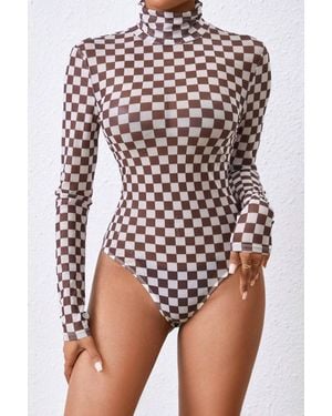 Azura Exchange Braunes Kariertes Langarm-Hochkragen-Bodysuit
