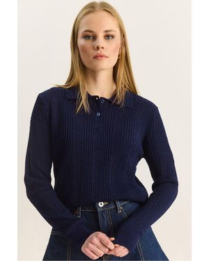 Bianco Lucci Strickpullover Mit Strukturiertem Polo-Kragen - Blau