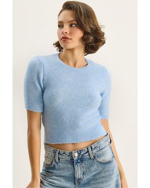 Bianco Lucci Rundhals Kurzarm Strickpullover - Blau