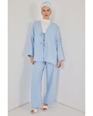 Bigdart V-Ausschnitt Cardigan Und Weit Geschnittene Hose Set - Blau