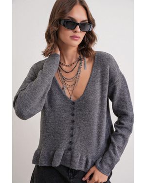 MixRay Leichtes V-Ausschnitt-Stricktop Mit Knopfdetails - Grau