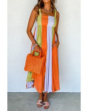 Everyday the Label Grünes Farbsperren-Rüschendes Hochtailliertes Fit-And-Flare-Maxi-Kleid - Orange