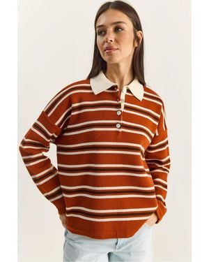 Bianco Lucci Gestreifter Polo-Kragen Knopf-Pullover - Orange