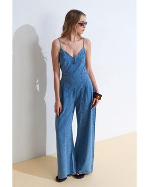 Dilvin Weitgeschnittene Denim-Jumpsuit - Blau