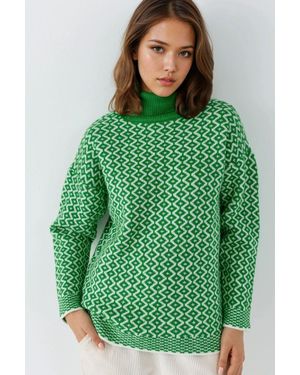 My Fashion Langer Rollkragenpullover Mit Geometrischem Muster Und Geripptem Stoff - Grün