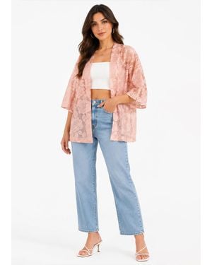 Gini London Kimono-Strickjacke Mit Blumenmuster Aus Spitze Und Offener Vorderseite - Blau