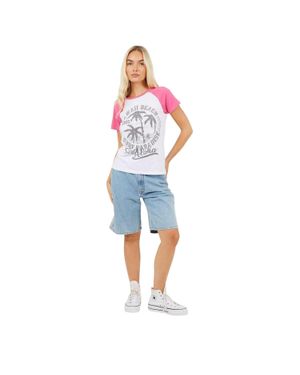 Brave Soul T-Shirt Für Damen, Kontrast-Ärmel (Weiß/Koralle) - Blau