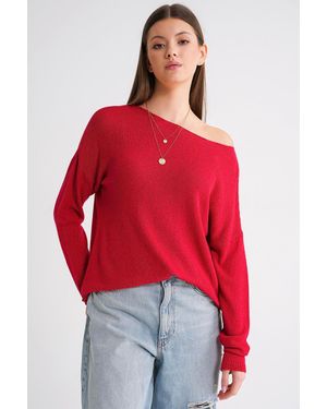 MixRay Übergroßer Bootsausschnitt-Strickpullover - Rot
