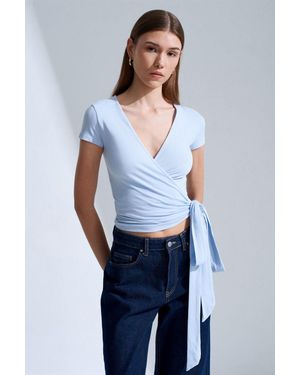 Dilvin Crop-Wrap-Bluse Mit Bindegürtel - Blau