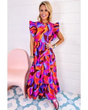 Everyday the Label Oranges Abstraktes Bedrucktes Hoch Tailliertes Rüschenshirt Langes Kleid - Pink