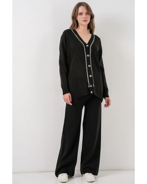 Bigdart V-Ausschnitt Cardigan Und Weit Geschnittene Hose Set - Schwarz