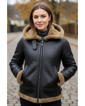 Infinity Leather Damen-Bomberjacke Aus Schaffell Mit Kapuze - Schwarz