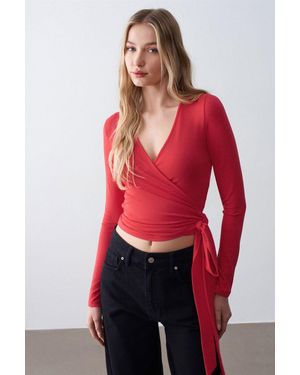 Dilvin Damen Crop-Wrap-Bluse Mit Bindeband - Rot