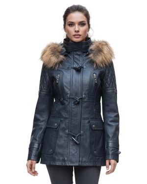 Infinity Leather Damen-Parka Mit Steppjacke Aus Lammleder Und Pelzkapuze - Blau