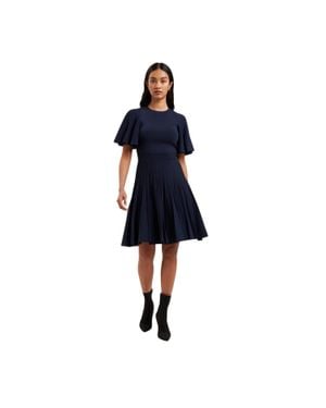 Ted Baker Kleid Mit Ausgestelltem Rock Für Damen, Rundhalsausschnitt, Jerseyware, Flatter-Ärmel - Blau