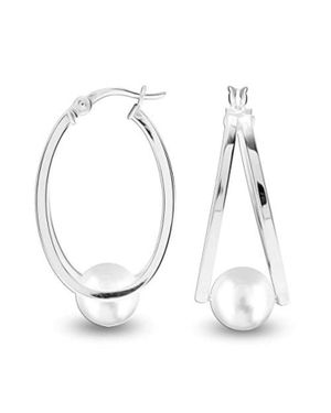 Bibei Damen Ovale Creolen Mit Weißen Perlen, 925 Sterlingsilber Bipe030
