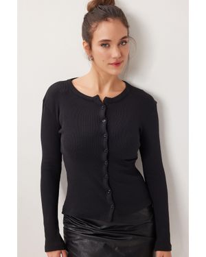 Happiness İstanbul Slim Fit Rippstrick-Cardigan - Schwarz