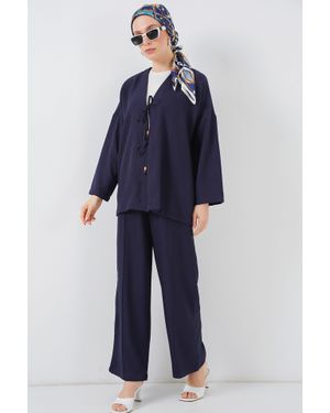Bigdart V-Ausschnitt Cardigan Und Weite Hosen Set - Blau