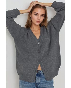 My Fashion Übergroßer Rippstrick V-Ausschnitt Knopf-Cardigan - Grau