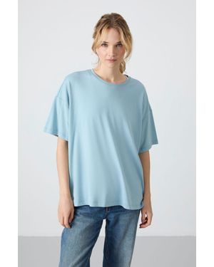 TOMMY LIFE Übergröße Baumwoll-Modal Rundhals-T-Shirt - Blau