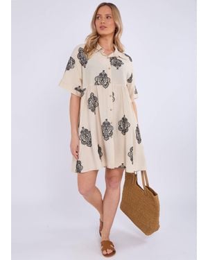 Gini London Beigefarbenes, Besticktes, Übergroßes Mini-Hemdkleid Mit Kragen - Weiß
