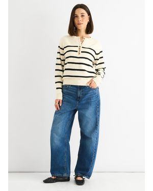 Gini London Cremefarbener, Recycelter, Gestreifter, Geknöpfter, Locker Sitzender Strickpullover - Blau